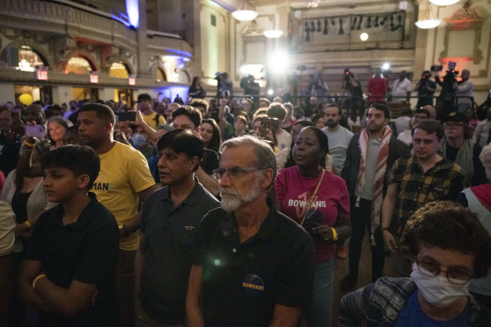 Supporters listen to Rep. Jamaal Bowman's, D-N.Y., speech during a primary election night watch party on Tuesday, June 25, 2024, in Yonkers, New York. (AP Photo/Yuki Iwamura)