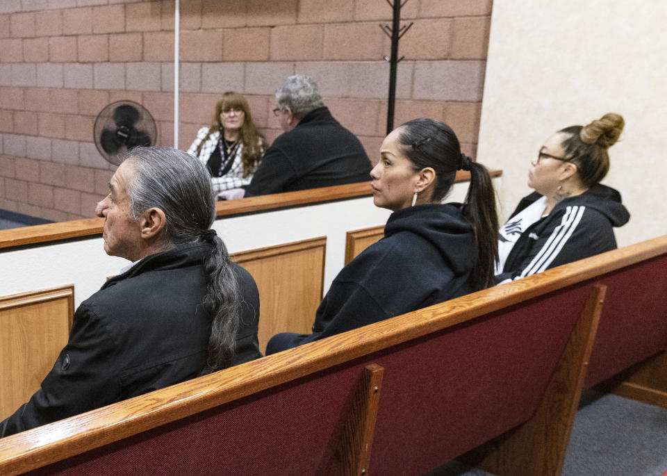 Unidentified family members of Nathan Chasing Horse, accused of sexually assaulting children for two decades, attend his arraignment at North Las Vegas Justice Court, on Thursday, Feb. 2, 2023. Chasing Horse was arrested Jan. 31 on possible charges related to sex trafficking, sexual assault of a child younger than 16 and child abuse, according to court records. (Bizuayehu Tesfaye /Las Vegas Review-Journal via AP)