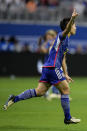 Japan's Kiko Seike (17) celebrates her goal against the United States in the first half of the SheBelieves Cup women’s soccer tournament, Saturday, April 6, 2024, in Atlanta. (AP Photo/Mike Stewart)