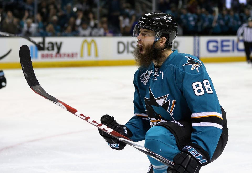 SAN JOSE, CA - APRIL 20:  Brent Burns #88 of the San Jose Sharks celebrates after he scored a goal in the second period against the Los Angeles Kings in Game Four of the Western Conference First Round during the NHL 2016 Stanley Cup Playoffs at SAP Center on April 20, 2016 in San Jose, California.  (Photo by Ezra Shaw/Getty Images)