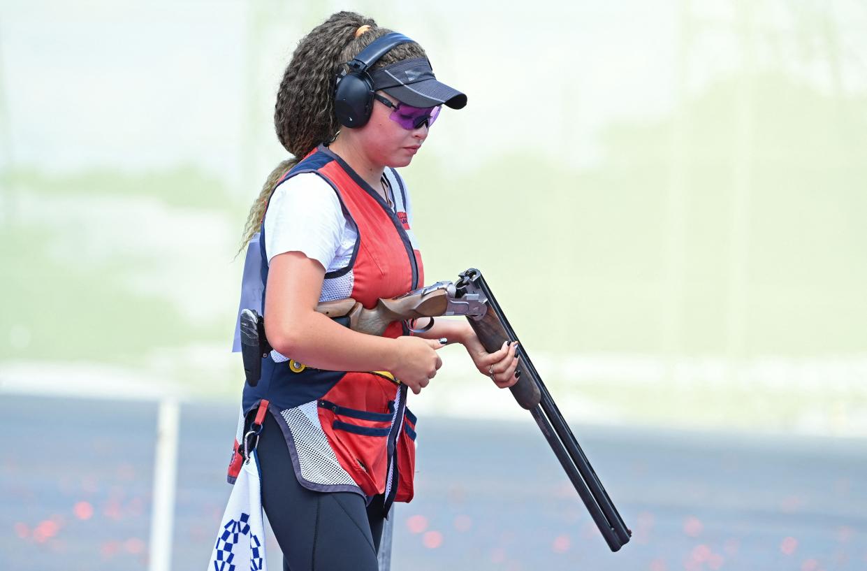 Kazakhstan's Zoya Kravchenko competes in women's skeet qualification during the Tokyo 2020 Olympic Games at the Asaka Shooting Range in the Nerima district of Tokyo on July 25, 2021.