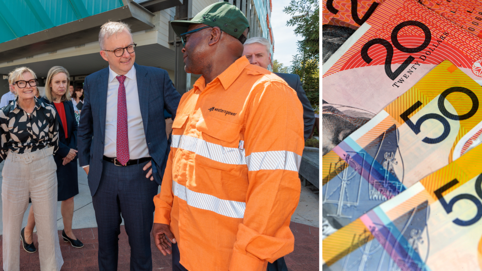 Budget 2023: A composite image of Prime Minister Anthony Albanese standing out the front of a TAFE and Australian money.