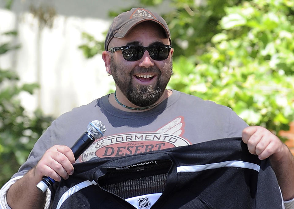 FILE - This May 1, 2011 file photo shows Duff Goldman, the cake master behind Food Network's reality show “Ace of Cakes,” speaking in Los Angeles. Goldman is making the cake for President Barack Obama’s Commander-in-Chief’s Ball. Goldman’s Charm City Cakes bakery said Saturday that it will bake a cake for the ball, one of two official inaugural balls the president will attend. (AP Photo/Katy Winn, File)