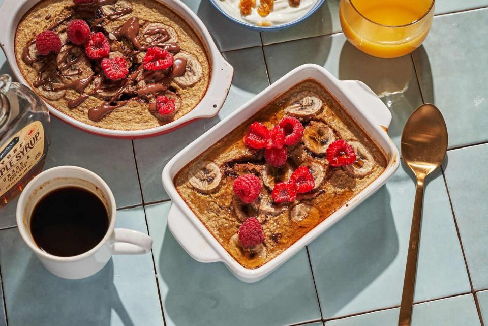 <p>You could truly go wild with whatever toppings you want, but we went with two breakfast staples: Nutella and banana. If you want more unusual oatmeal inspiration you <em>must</em> try our <a href="https://www.delish.com/cooking/recipe-ideas/a35131982/pizza-oatmeal-recipe/" rel="nofollow noopener" target="_blank" data-ylk="slk:Pizza oatmeal;elm:context_link;itc:0;sec:content-canvas" class="link ">Pizza oatmeal</a>.<br><br>Get the <strong><a href="https://www.delish.com/cooking/recipe-ideas/a35728852/blended-baked-oats-tiktok/" rel="nofollow noopener" target="_blank" data-ylk="slk:Blended Baked Oats recipe;elm:context_link;itc:0;sec:content-canvas" class="link ">Blended Baked Oats recipe</a></strong>. </p>