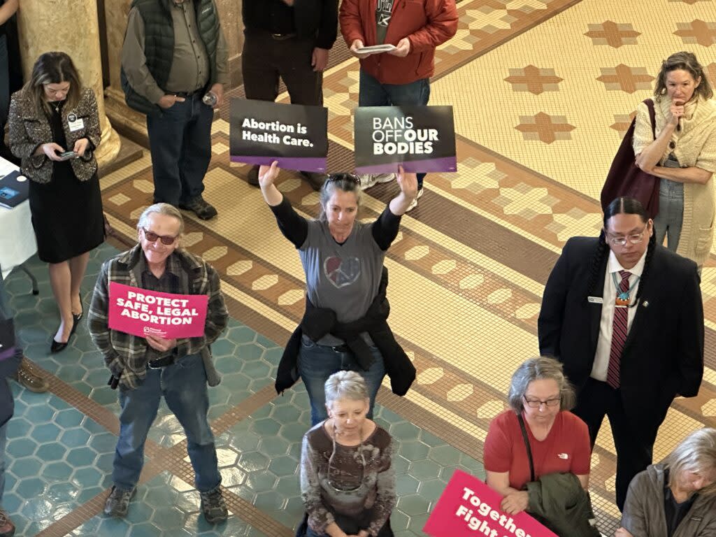 Montanans calling on the government to protect abortion in state law and stop other bills they say are targeted at people's individual health care rights rallied at the state Capitol in Helena on Friday, April 7, 2023.