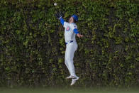 Chicago Cubs center fielder Cody Bellinger struggles to catch a fly ball from Houston Astros' Yainer Diaz as it bounces off the ivy during the fourth inning of a baseball game Tuesday, April 23, 2024, in Chicago. (AP Photo/Erin Hooley)