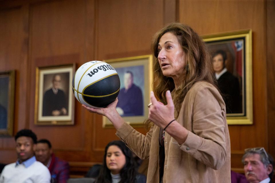 Rebecca Adelman, an attorney for Joshua Holloway, asks Teniya Morant, Ja Morant’s sister, about what she remembers from Holloway throwing the ball at her brother during the altercation between them at Morant’s home during the second day of Ja Morant's self-defense immunity hearing at Shelby County Circuit Court in Memphis, Tenn., on Tuesday, December 12, 2023.