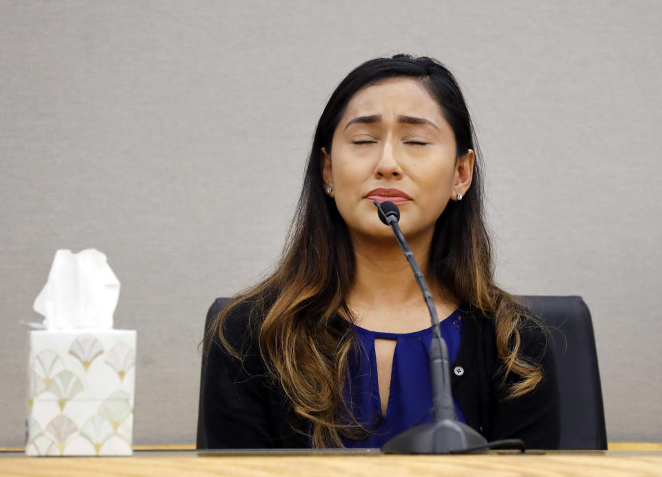 Amber Guyger's best friend Maribel Chavez pauses when speaking about her friend from high school and coworker as she was questioned during the punishment phase of the trial of former Dallas police officer, Wednesday, Oct. 2, 2019 at the Frank Crowley Courts Building in Dallas. Guyger was convicted of murder Tuesday in the killing of Botham Jean and faces a sentence that could range from five years to life in prison or be lowered to as little as two years if the jury decides the shooting was a crime of sudden passion. (Tom Fox/The Dallas Morning News via AP, Pool)