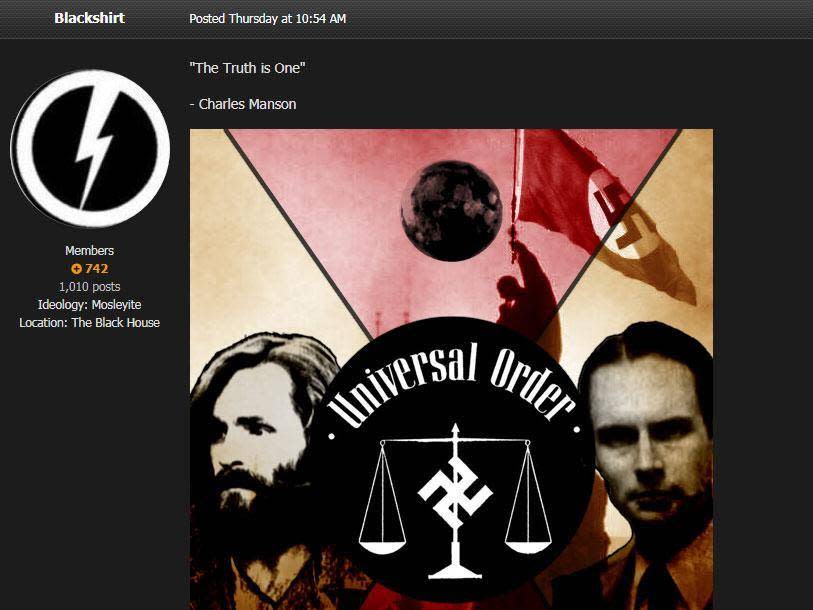 Ironmarch user 'Blackshirt' paid tribute to Manson and linked to the new Universal Order website
