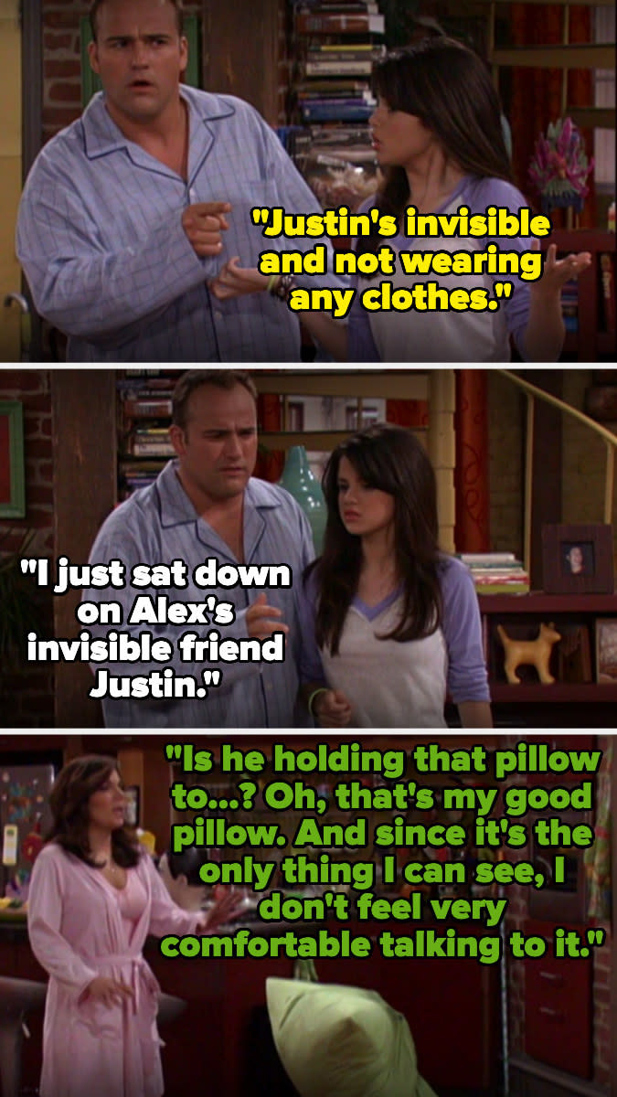 alex and justin's dad says alex's friend is invisible and naked and he sat down on him, and their mom asking if he's holding a pillow over his crotch then saying she doesn't feel comfortable talking to it