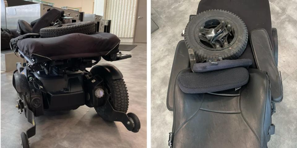 John Morris' wheelchair, with a bent frame and a wheel that had come off