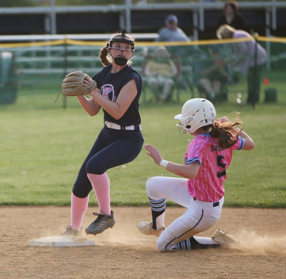 Roy C. Ketcham's Jenny Nardelli covers second base as John Jay's Morgan Doughty slides in during Wednesday's game on May 10, 2023. 