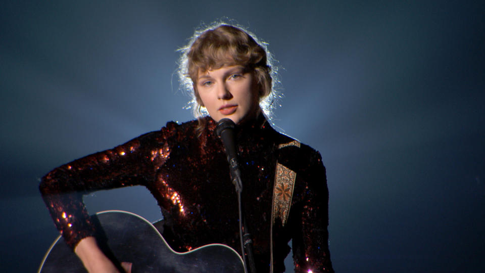 NASHVILLE, TENNESSEE - SEPTEMBER 16: (EDITORIAL ONLY. NOT RELEASED. NO COVER USAGE.)  In this screengrab, Taylor Swift performs onstage during the 55th Academy of Country Music Awards at the Grand Ole Opry on September 16, 2020 in Nashville, Tennessee. The ACM Awards airs on September 16, 2020 with some live and some prerecorded segments. (Photo by ACMA2020/Getty Images for ACM)