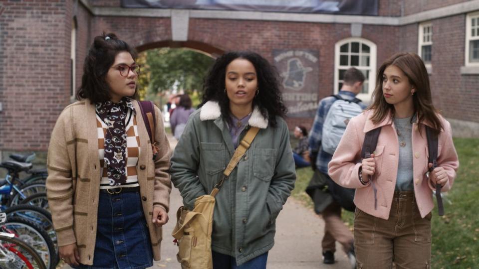 (L-R): Belissa Escobedo as Izzy, Whitney Peak as Becca, and Lilia Buckingham as Cassie in Disney's live-action HOCUS POCUS 2, exclusively on Disney+.