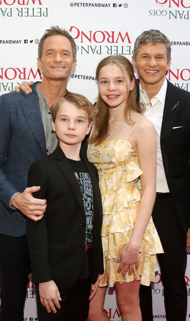 NEW YORK, NEW YORK – APRIL 19: (L-R) Neil Patrick Harris, Gideon Burtka-Harris, Harper Burtka-Harris and <span class="caas-xray-inline-tooltip"><span class="caas-xray-inline caas-xray-entity caas-xray-pill rapid-nonanchor-lt" data-entity-id="David_Burtka" data-ylk="cid:David_Burtka;pos:2;elmt:wiki;sec:pill-inline-entity;elm:pill-inline-text;itc:1;cat:Actor;" tabindex="0" aria-haspopup="dialog"><a href="https://search.yahoo.com/search?p=David%20Burtka" data-i13n="cid:David_Burtka;pos:2;elmt:wiki;sec:pill-inline-entity;elm:pill-inline-text;itc:1;cat:Actor;" tabindex="-1" data-ylk="slk:David Burtka;cid:David_Burtka;pos:2;elmt:wiki;sec:pill-inline-entity;elm:pill-inline-text;itc:1;cat:Actor;" class="link ">David Burtka</a></span></span> pose at the opening night of “Peter Pan Goes Wrong” on Broadway at The Ethel Barrymore Theatre on April 19, 2023 in New York City. <em>Photo by Bruce Glikas/Getty Images.</em>