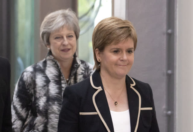 Theresa May has made clear her opposition to any calls from Nicola Sturgeon for a second Scottish independence referendum (Jane Barlow/PA)