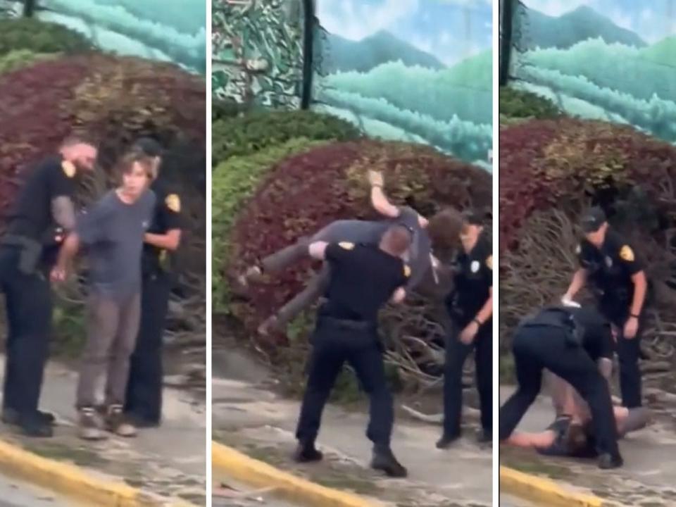 In these images taken from video Tallahassee Police Officer Shawn Wright picks up a 27-year-old man and turns him upside down before taking him down head-first and pinning him on the ground.