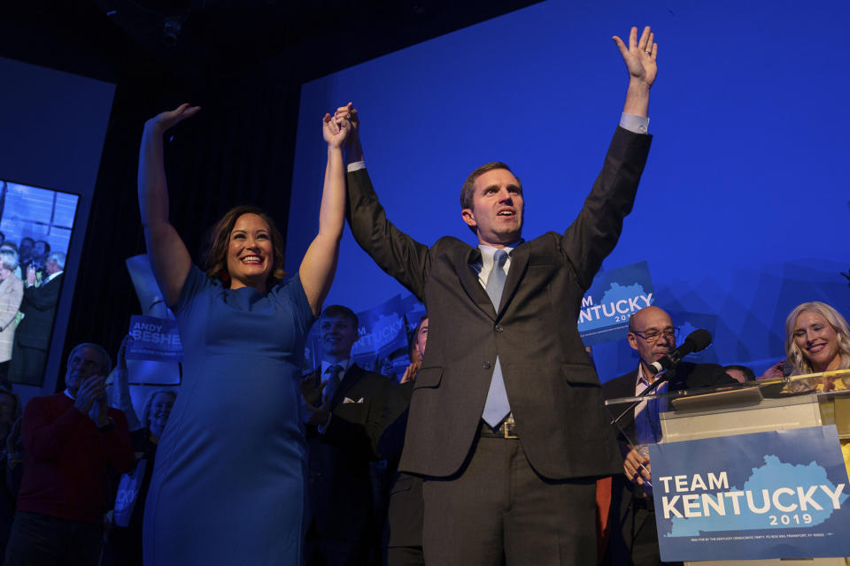 Democratic gubernatorial nominee Andy Beshear, along with lieutenant governor candidate Jacqueline Coleman, at the Kentucky Democratic Party election night watch event, Tuesday, Nov. 5, 2019. (Photo: ASSOCIATED PRESS)