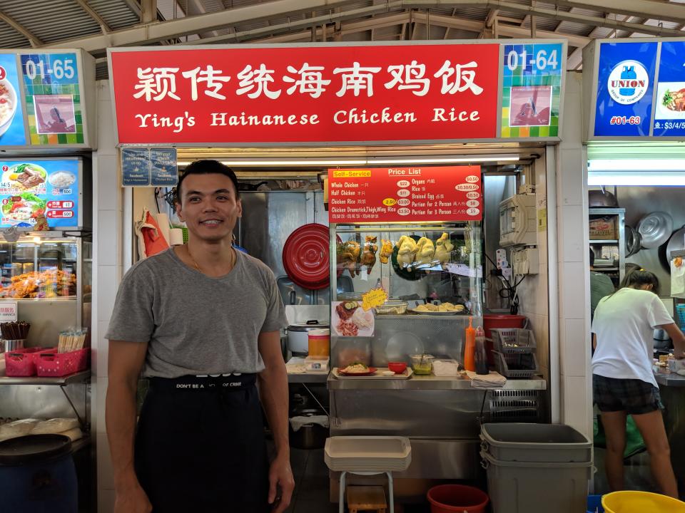 Hoe Cherh Inn in front of his incubation stall Ying’s Hainanese Chicken Rice at <span>Ghim Moh Road Market & Food Centre </span>on 10 October, 2018. (PHOTO: Wong Casandra/Yahoo News Singapore)