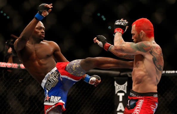 (L-R) Derek Brunson versus Chris Leben during their middleweight fight at UFC 155 on December 29, 2012 at MGM Grand Garden Arena in Las Vegas, Nevada. (Photo by Josh Hedges/Zuffa LLC/Zuffa LLC via Getty Images)