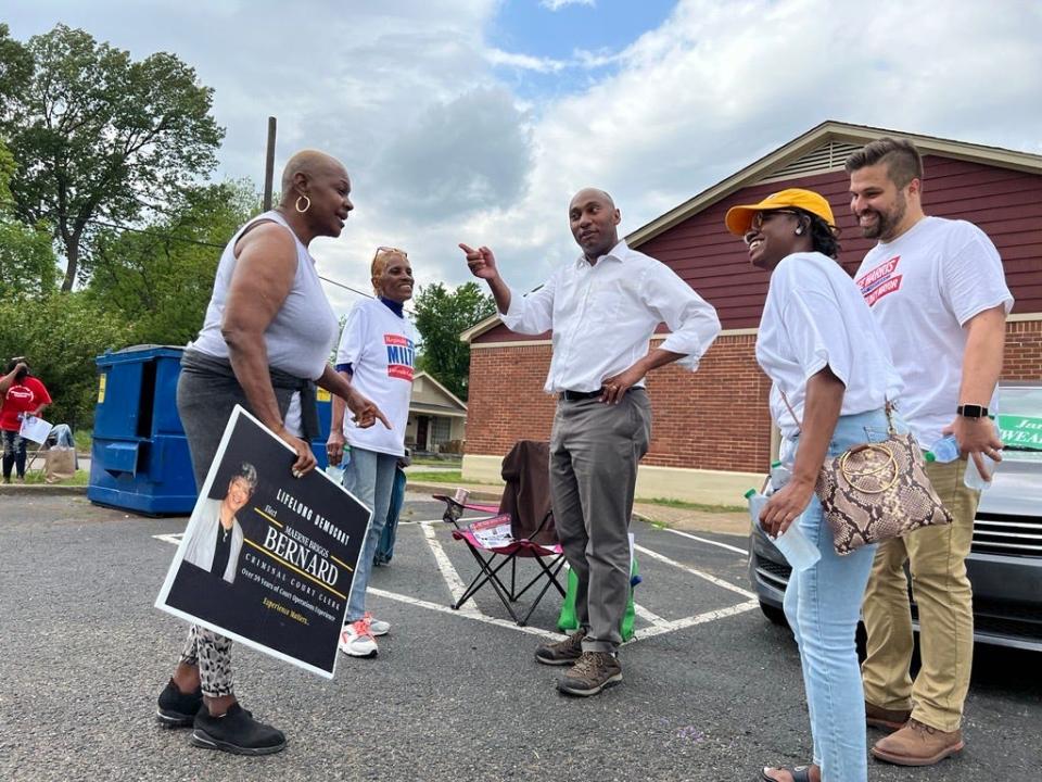 Incumbent Shelby County Mayor Lee Harris speaks with voters and his campaign staff at the Orange Mound Senior Center Tuesday May 3, 2022.