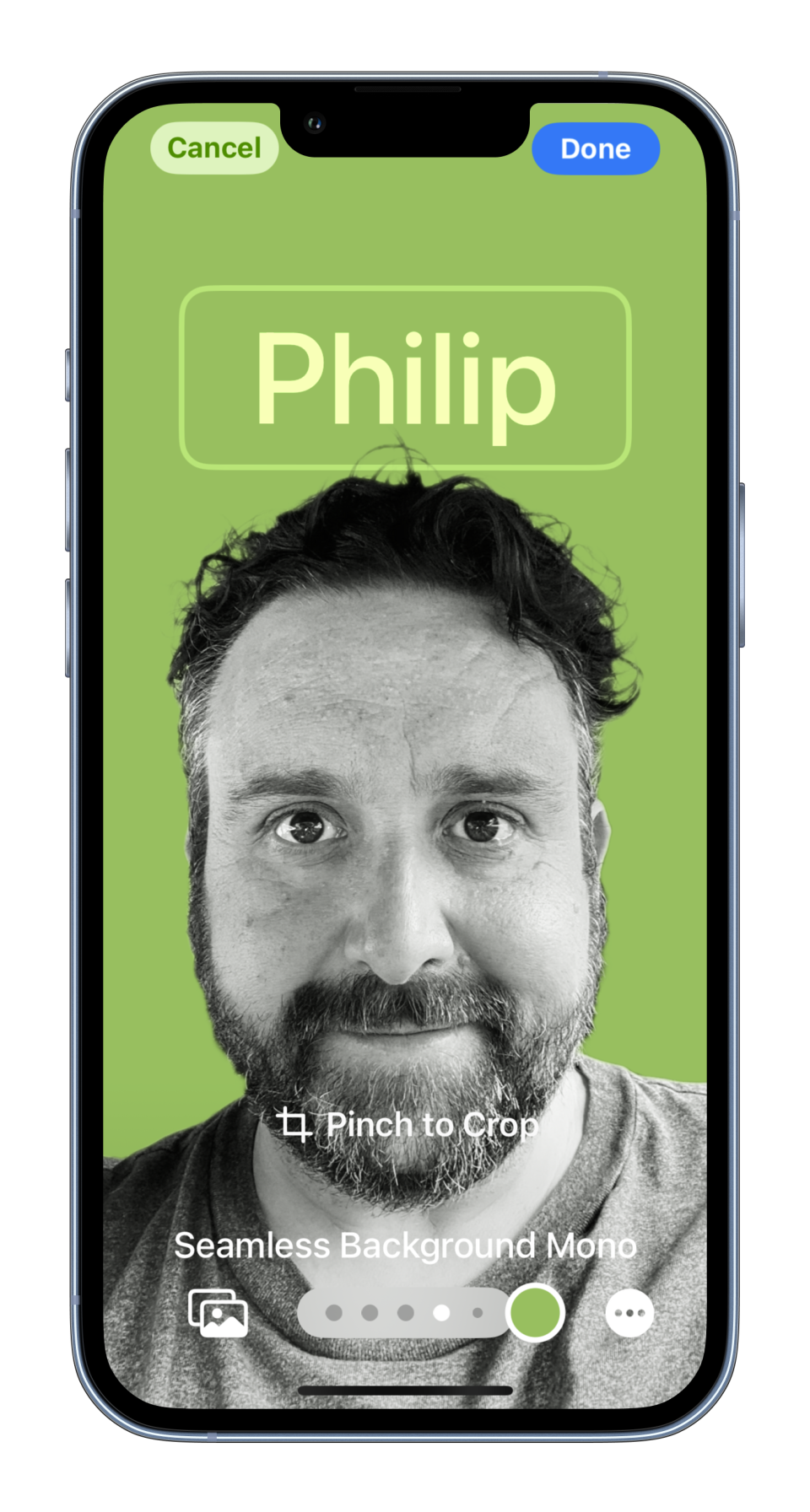 MockUPhone screenshots of the contact poster on iOS 17 showing my face with name and different color and filter options