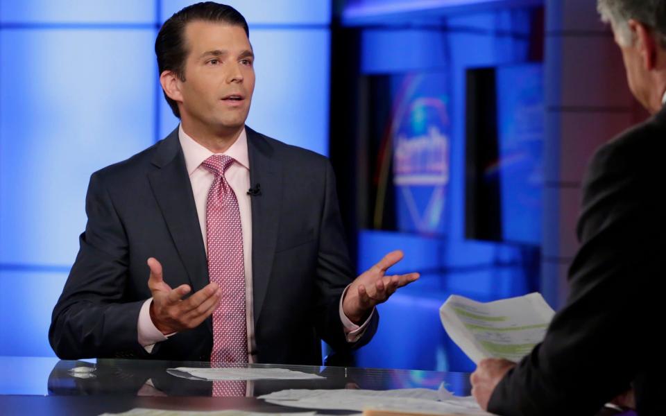 Donald Trump Jr., left, is interviewed by host Sean Hannity on his Fox News Channel television programme - Credit: AP