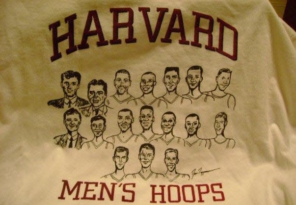 While a student at Harvard, Dan Peppercorn made this caricature T-shirt of the men's basketball team and sold them to players and the Harvard Shop. He had also made one of the Lincoln-Sudbury football team.