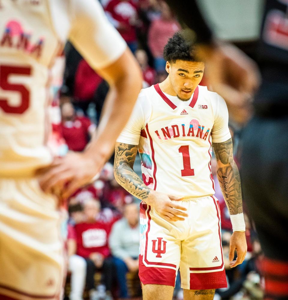 Indiana's Jalen Hood-Schifino (1) and the rest of the Hoosiers wore throwback jerseys during the first half of the Indiana versus Rutgers men's basketball game at Simon Skjodt Assembly Hall on Tuesday, Feb. 7, 2023.