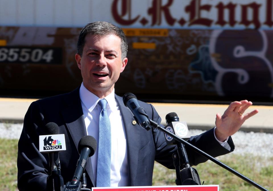 U.S. Secretary of Transportation and former South Bend mayor Pete Buttigieg speaks at the Elkhart Train Depot on Wednesday, Aug. 30, 2023, during a visit to talk about federal funding for rail improvements in the city.