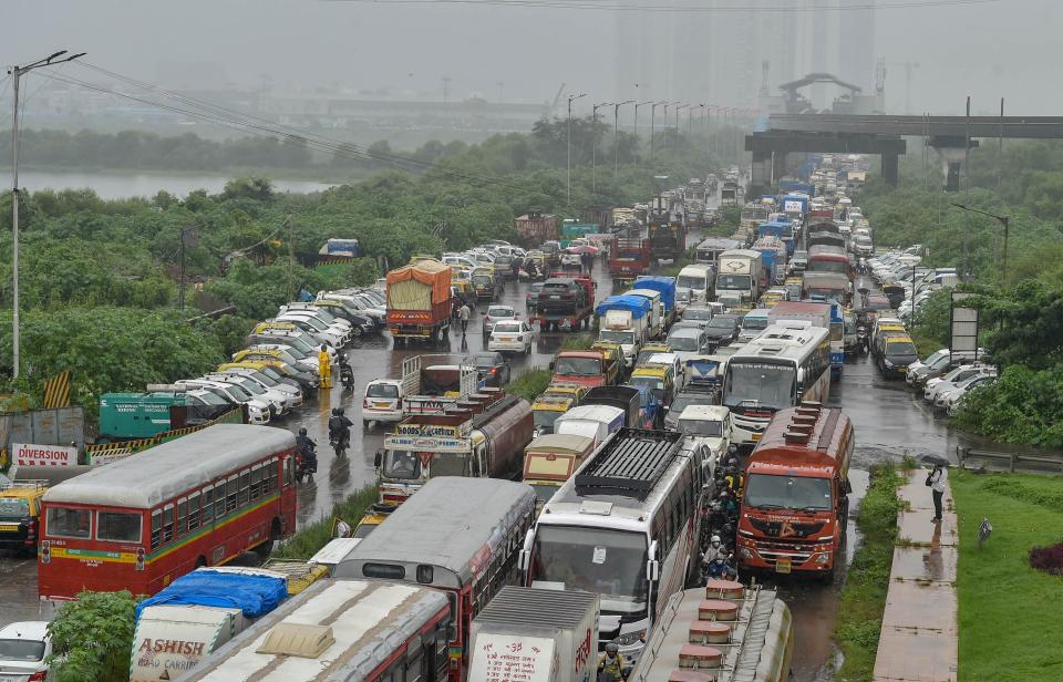 Mumbai: Vehicles stuck in a traffic jam on a waterlogged street followed heavy rain, at Wadala in Mumbai, Wednesday, Sept. 23, 2020. (PTI Photo/Mitesh Bhuvad)(PTI23-09-2020_000093B)
