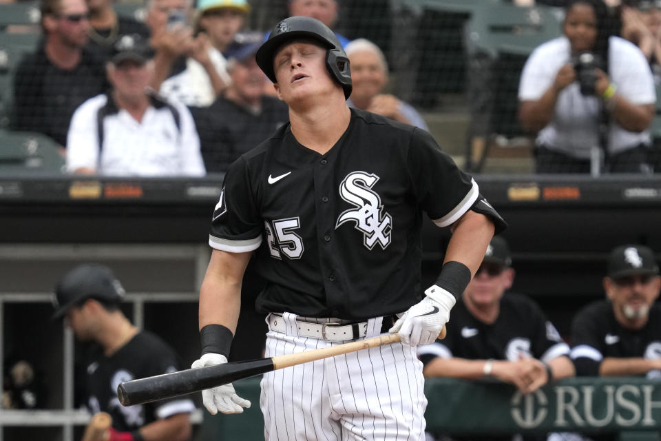 Chicago White Sox's Andrew Vaughn reacts after striking out on a foul tip during the eighth inning in the first baseball game of the team's doubleheader against the Toronto Blue Jays on Thursday, July 6, 2023, in Chicago. (AP Photo/Nam Y. Huh)