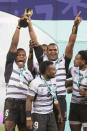 Fiji celebrate winning the Mens final at the Rugby World Cup 7's Championship held in Cape Town, South Africa, Sunday, Sept.11, 2022. (AP Photo/Halden Krog)