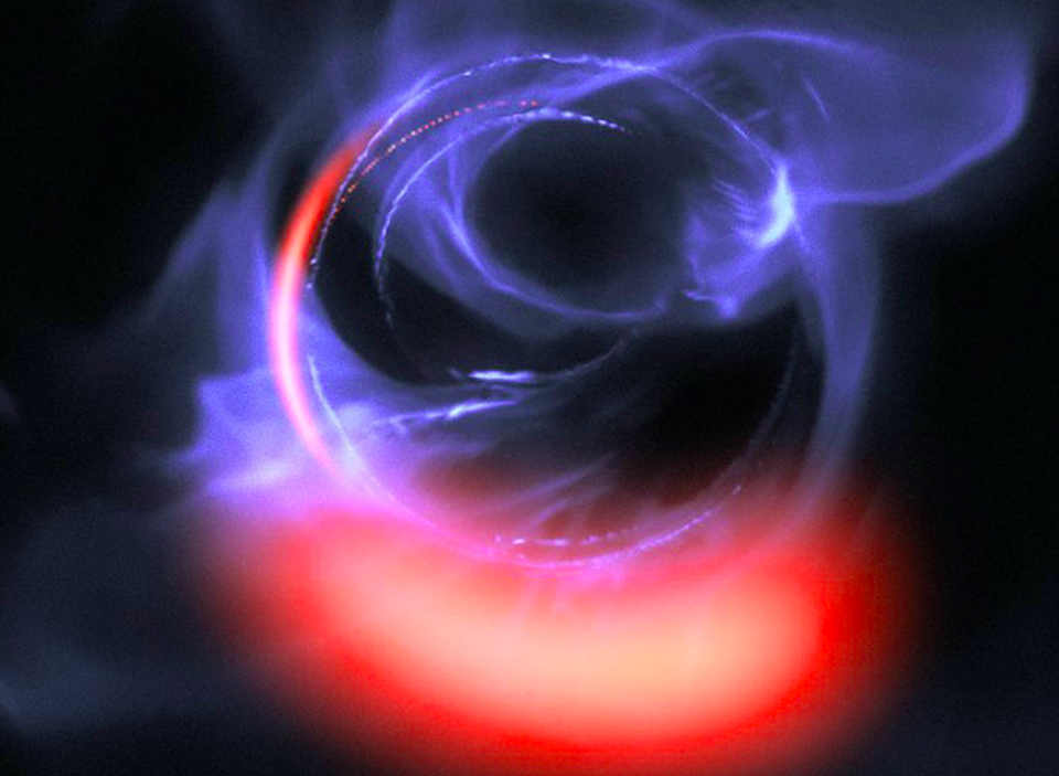 <em>Clumps of gas swirling around at about 30% of the speed of light on a circular orbit just outside a four million solar mass black hole (PA)</em>