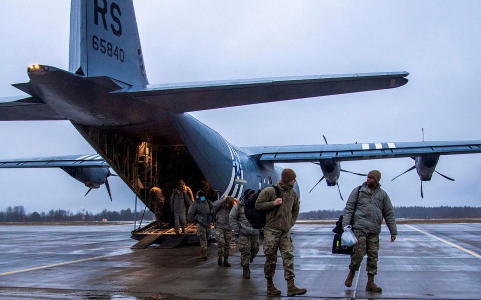 Airmen from the 4th Fighter Wing at Seymour Johnson Air Force Base, N.C. and the 48th Fighter Wing, Royal Air Force Lakenheath, England, arrive at Amari Air Base, Estonia - U.S. Air Force Photo/Staff Sgt. Megan Beatty/Handout via REUTERS