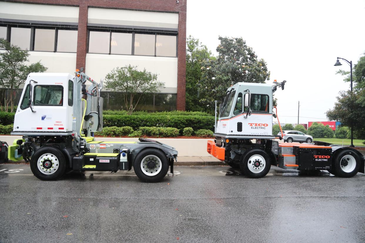 An alternative diesel and an electric jockey truck were displayed outside of the Georgia Ports Authority office on Friday, May 10, 2024.