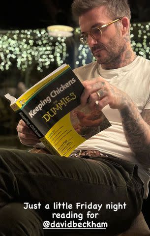 <p>Victoria Beckham/Instagram</p> David Beckham reading 'Keeping Chickens for Dummies.'