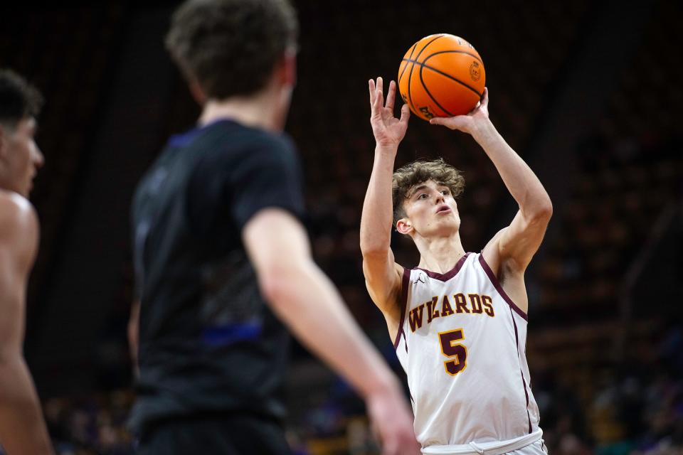 Windsor's Madden Smiley takes a free throw shot during a class 5A state championship game against Mesa Ridge at the Denver Coliseum in Denver, Colo., on Saturday, March 9, 2024.