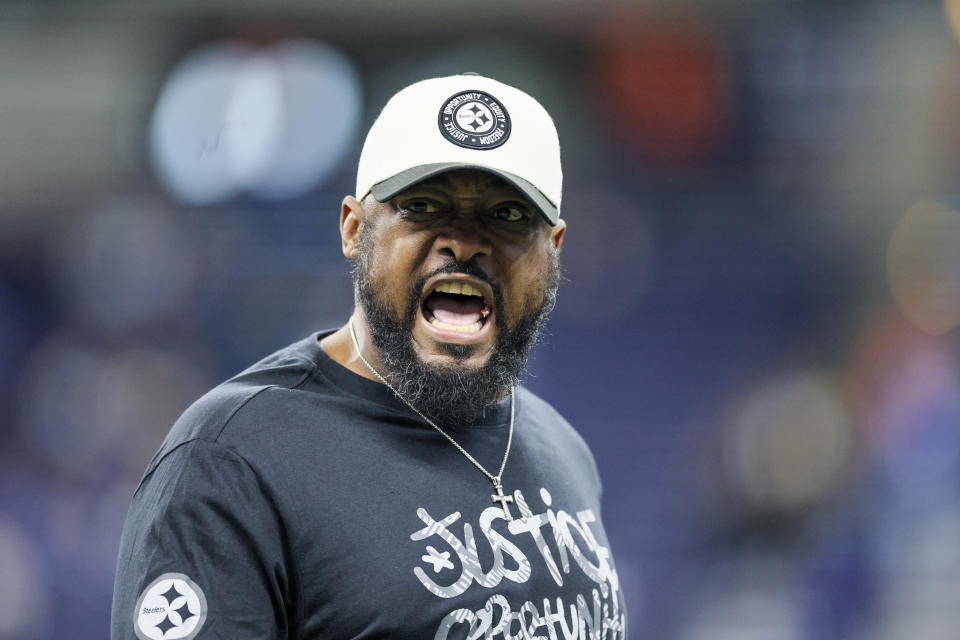 INDIANAPOLIS, INDIANA – DECEMBER 16: Head coach Mike Tomlin of the Pittsburgh Steelers yells prior to a game against the <a class="link " href="https://sports.yahoo.com/nfl/teams/indianapolis/" data-i13n="sec:content-canvas;subsec:anchor_text;elm:context_link" data-ylk="slk:Indianapolis Colts;sec:content-canvas;subsec:anchor_text;elm:context_link;itc:0">Indianapolis Colts</a> at Lucas Oil Stadium on December 16, 2023 in Indianapolis, Indiana. (Photo by Andy Lyons/Getty Images)