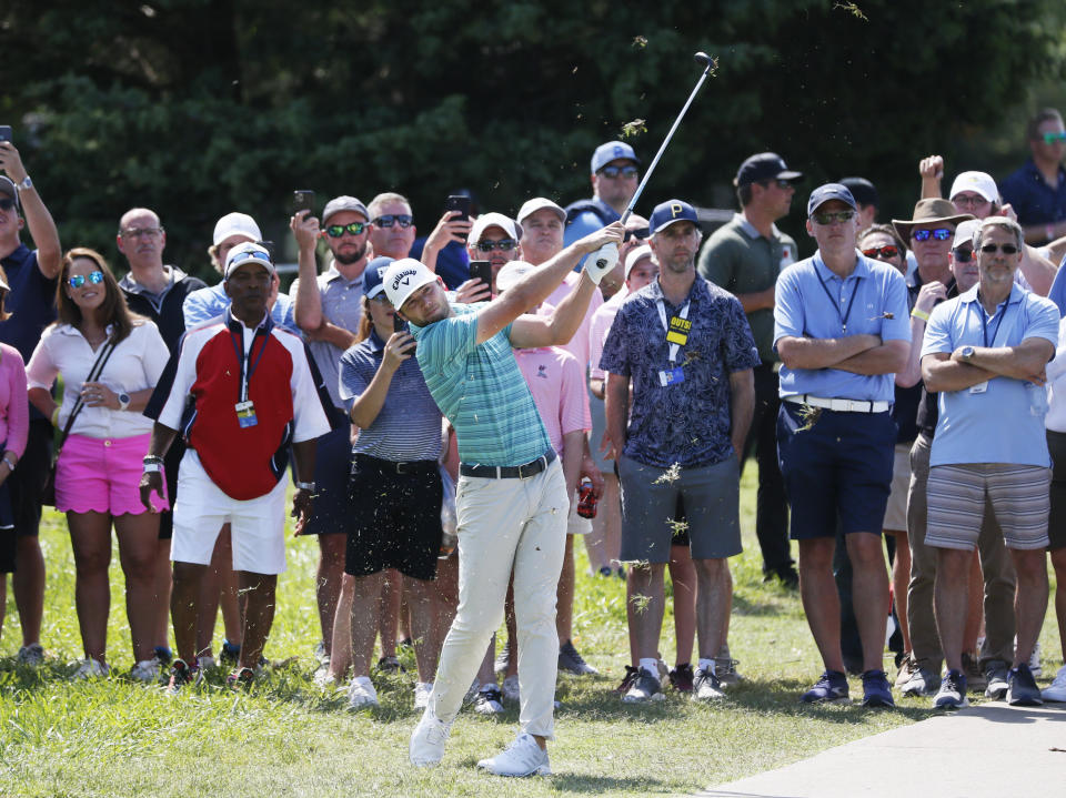 Sam Burns plays a shot from the rough on the 12th hole during the second round of the AT&T Byron Nelson golf tournament in McKinney, Texas, Friday, May 14, 2021. (AP Photo/Ray Carlin)