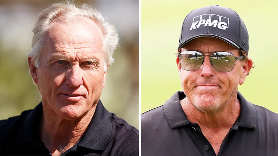 Pictured left to right are golfing greats Greg Norman and Phil Mickelson.