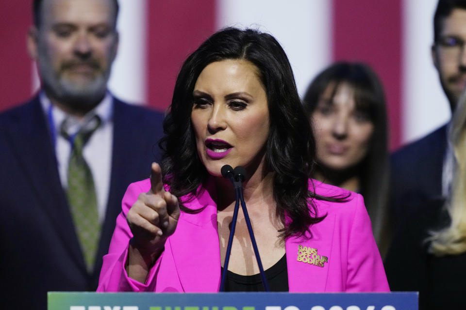 Michigan Democratic Gov. Gretchen Whitmer speaks during Election Night, Tuesday, Nov. 8, 2022 in Detroit. (AP Photo/Carlos Osorio)