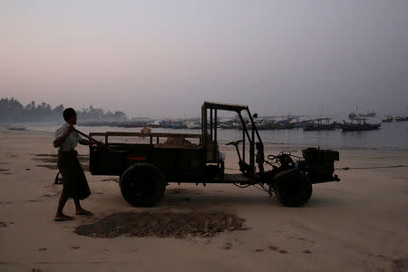 Illegal sand mining on Ngapali beach in Thandwe, Rakhine, Myanmar February 20, 2019. REUTERS/Ann Wang