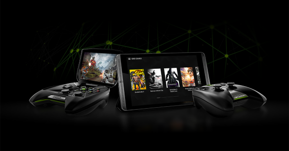 Nvidia's Shield Portable (left) and Shield tablet running cloud-streaming games from Grid.