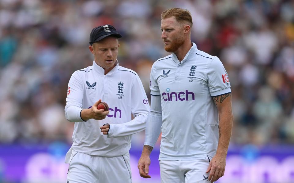 Ollie Pope (L) and Ben Stokes of England talk during Day 5 of the LV= Insurance Ashes 1st Test match between England and Australia at Edgbaston on June 20, 2023 in Birmingham, England