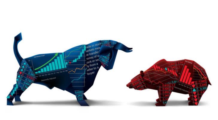 An image of stock market icons of a blue bull and a red bear; bull market; bear market