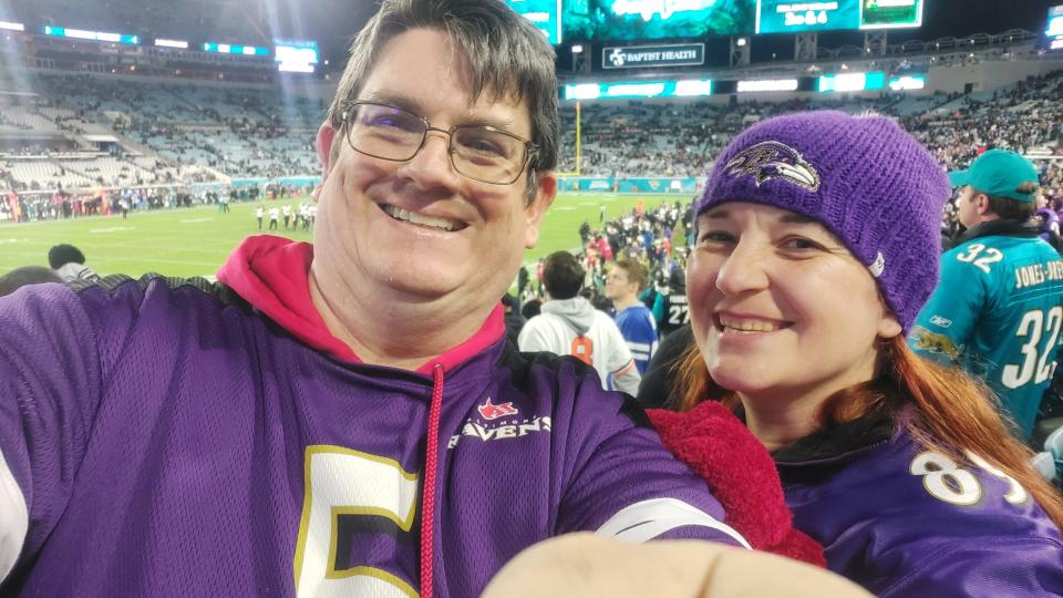 Michelle and Jason Mealey are pictured at a Baltimore Ravens game in Jacksonville. Jason Mealey died suddenly of a heart attack several weeks ago while mowing the lawn. They were big fans of the Welcome to Rockville music festival and had tickets to attend this year's event at Daytona International Speedway. In honor of her late husband, Michelle still plans to make the trip accompanied by some friends.