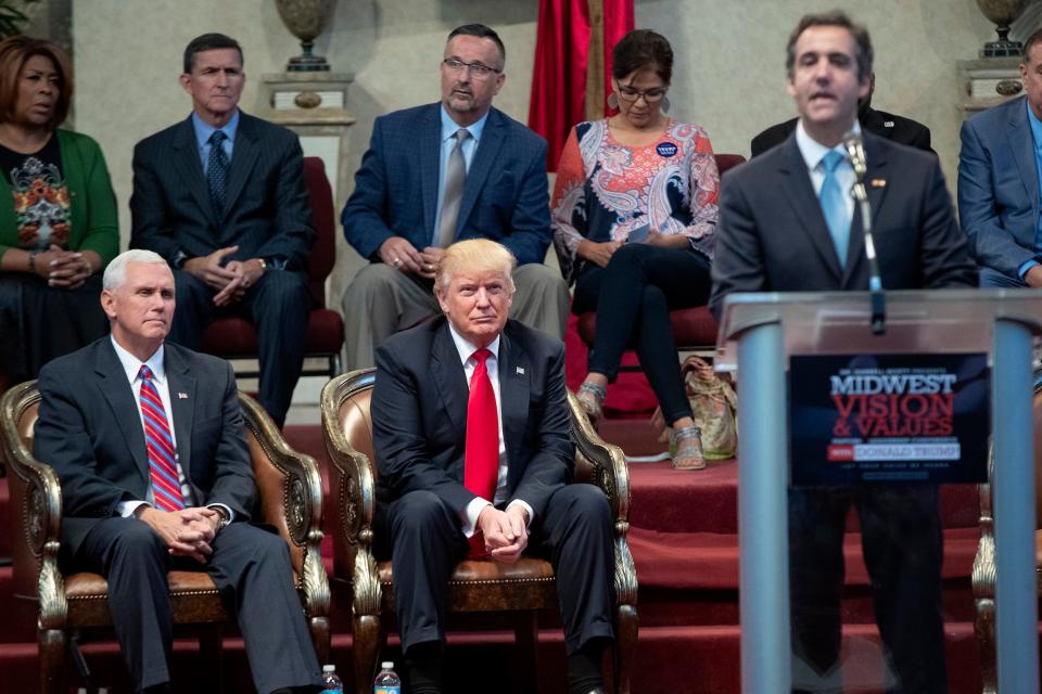 Michael Cohen speaks during an appearance on behalf of the Trump campaign in 2016