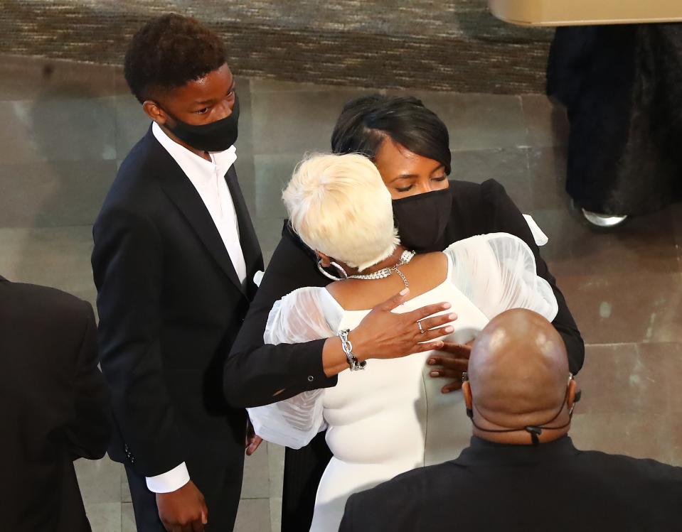 Bottoms embracing Tomika Miller at the funeral of her husband, Rayshard Brooks. On June 12, police shot and killed Brooks, sparking renewed protests in Atlanta.