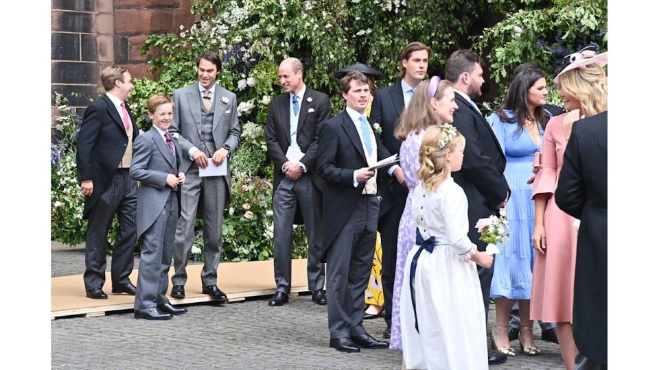 William, Prince of Wales (fourth from left) and guests attend the wedding of The Duke of Westminster and Miss Olivia Henson